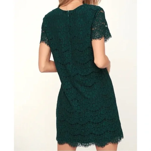 Lulus Take Me to Brunch Dark Green Lace Shift Dress Size Small - Picture 3 of 12